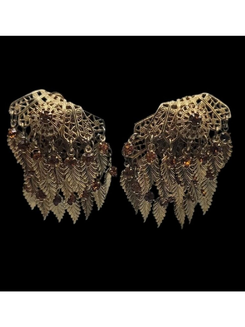 VTG Miriam Haskell Feather Rhinestones Clip On Earrings 1930s Statement Unsigned - Picture 2 of 15